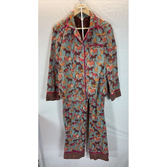 Sundance S derby days cotton flannel 2 pc pajama set western horse print boho - Picture 1 of 15